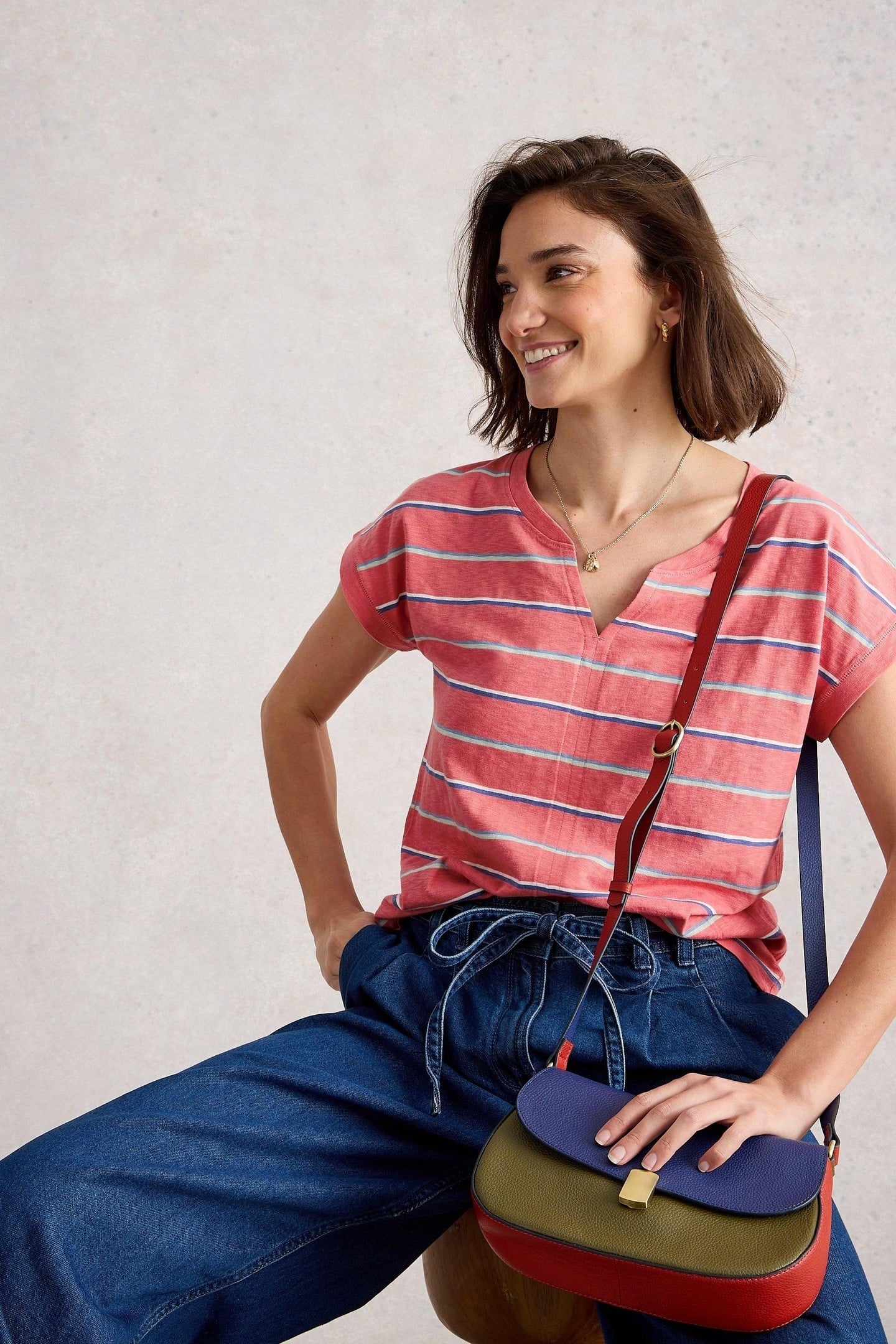 NELLY NOTCH STRIPE NECK TEE CORAL MULTI 6