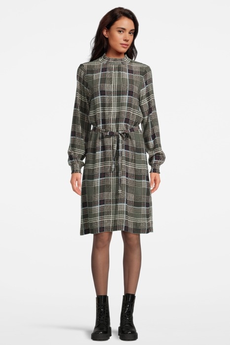 DRESS AOP CHECK SMOCK AT NECK&CUFFS BLACK/SAND COMBI 1