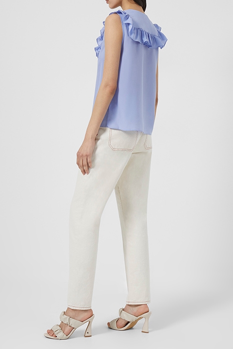 CREPE LIGHT V NECK RUFFLE TOP PARADISO BLUE 2