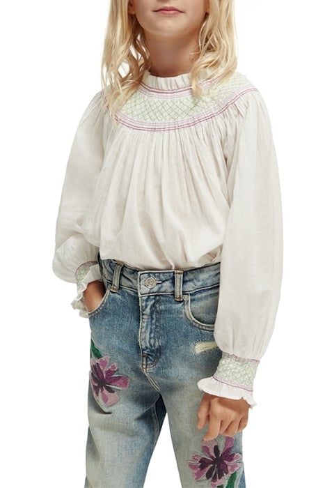 SMOCKED NECKLINE LIGHTWEIGHT COTTON TOP OFF WHITE 2