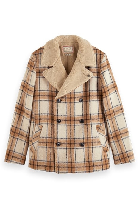 WOOL BLEND TEDDY LINED PEACOAT OFFWHITE CAMEL CHECK 4