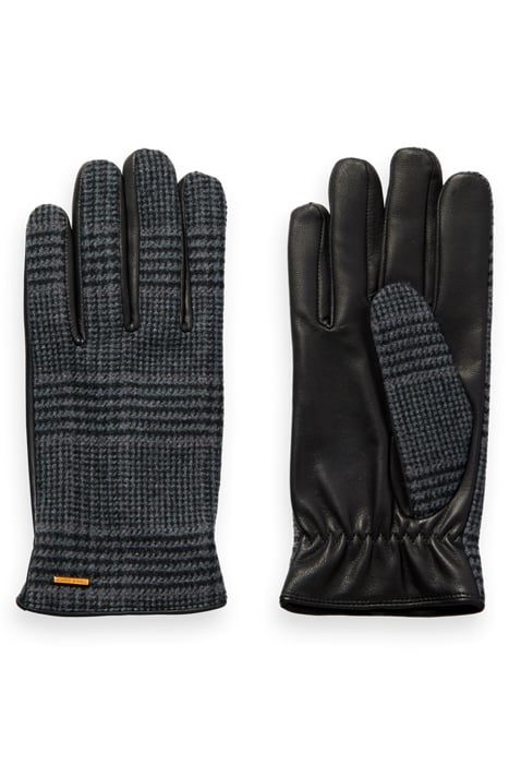 LEATHER & WOOL GLOVES BLACK GREY CHECK 1