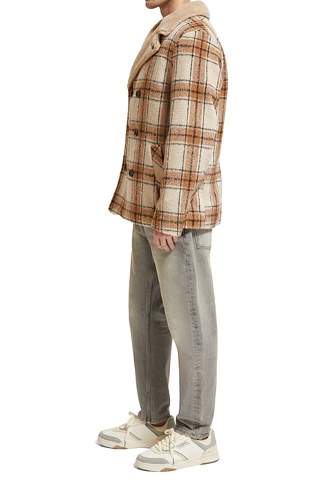 WOOL BLEND TEDDY LINED PEACOAT OFFWHITE CAMEL CHECK 7