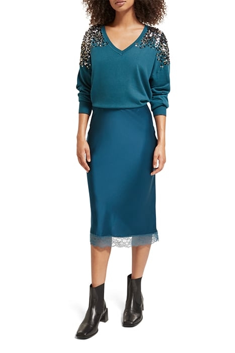 EMBELLISHED SHOULDER V NECK PULLOVER DARK TEAL 3