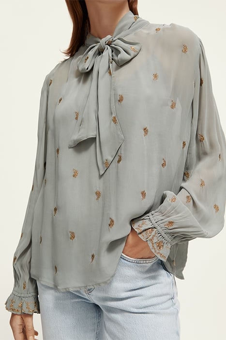 EMBROIDERED TOP WITH TIE NECK GREY SHEER JACQUARD 6