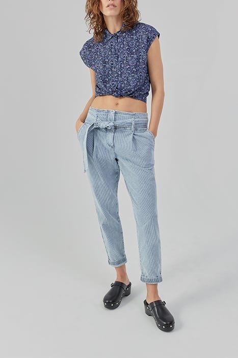 BLUE BELTED PAPERBAG JEANS WITH THIN WHITE STRIPES 1