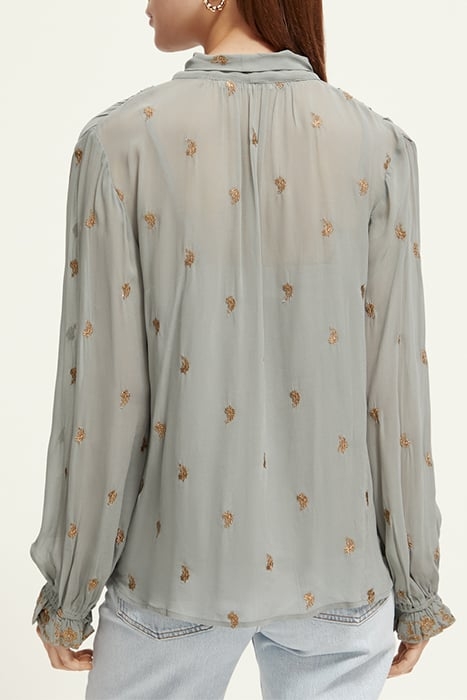 EMBROIDERED TOP WITH TIE NECK GREY SHEER JACQUARD 2