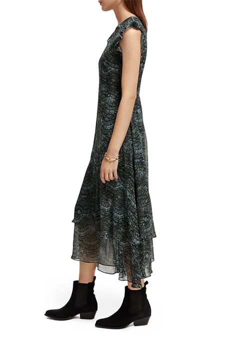 SLEEVELESS MIDI FLOUNCE DRESS FEATHER BOTTLE GREEN 6