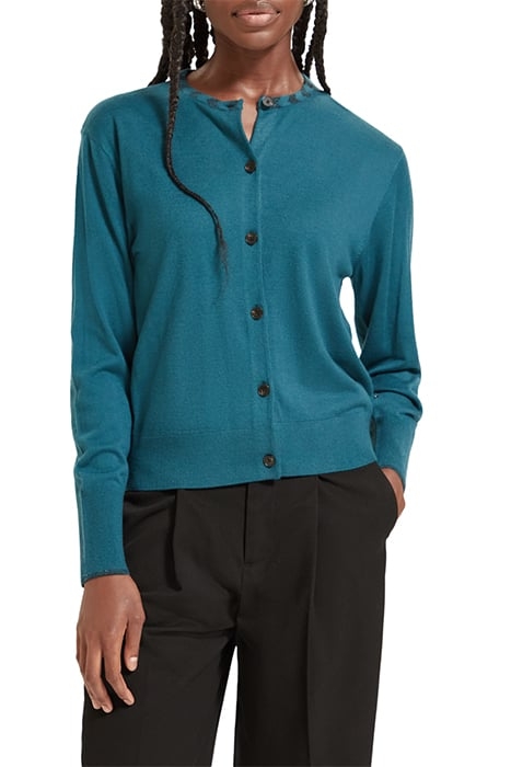 JACQUARD TRIM CREW NECK CARDIGAN DARK TEAL 1