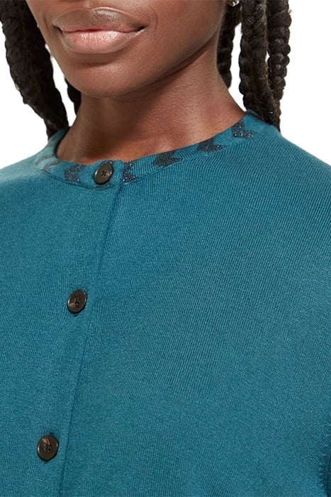 JACQUARD TRIM CREW NECK CARDIGAN DARK TEAL 6