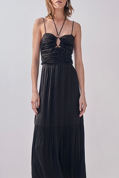 BLACK LONG RECYCLED DRAPED FRONT BUSTIER DRESS 2
