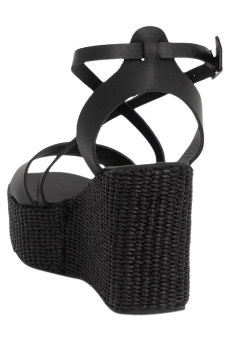 BLACK LEATHER RAFFIA HEEL WEDGE SANDALS 4