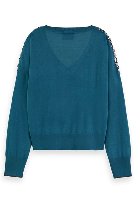 EMBELLISHED SHOULDER V NECK PULLOVER DARK TEAL 5