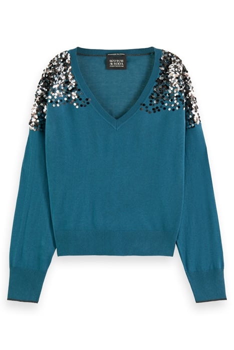 EMBELLISHED SHOULDER V NECK PULLOVER DARK TEAL 4