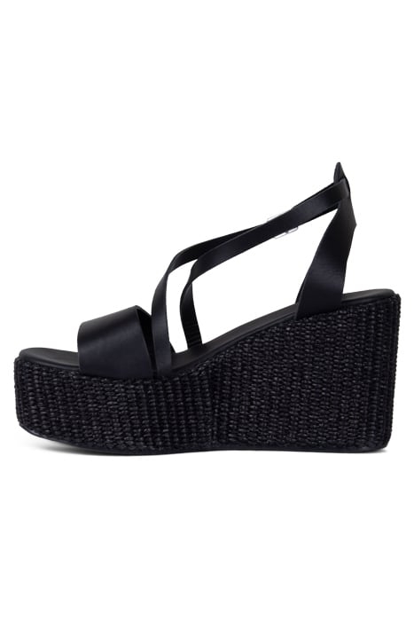BLACK LEATHER RAFFIA HEEL WEDGE SANDALS 6