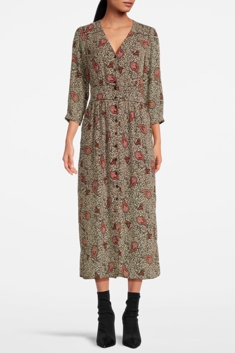 ECRU LONG RECYCLED PAISLEY LEOPARD PRINT DRESS 1