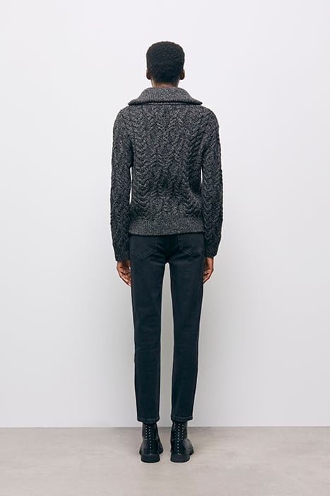 ZIP-UP TRUCK COLLAR SWEATER IN CABLE WOOL BLACK DARK GREY 3