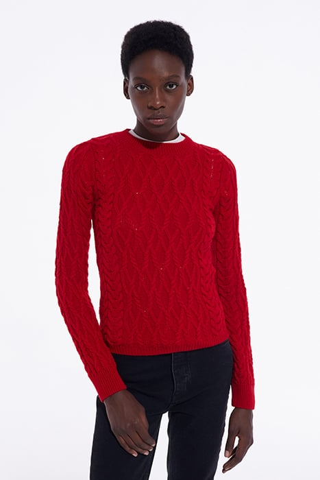ROUND-NECK CABLE WOOL SWEATER TANGO RED 1