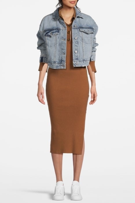 HENLEY MOCK NECK DRESS MEDIUM BROWN W/ IVORY CONTRAST 1