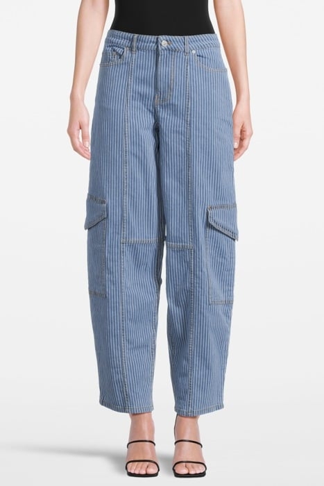 LIGHT STRIPE DENIM CARGO PANTS MID BLUE STONE 1