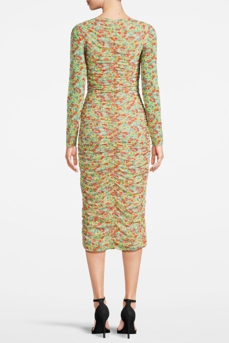 PRINTED MESH RUCHED MIDI DRESS MEADOW CELADON GREEN 2