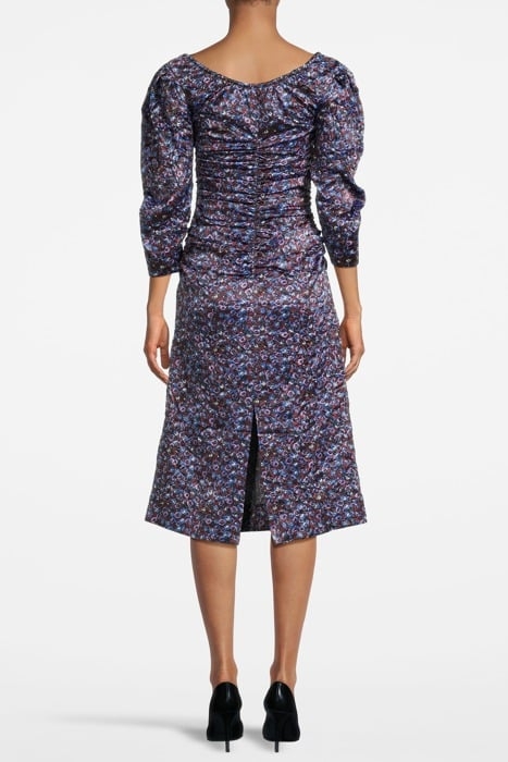 CRINKLED SATIN GATHERED U-NECK MIDI DRESS BLACK 2