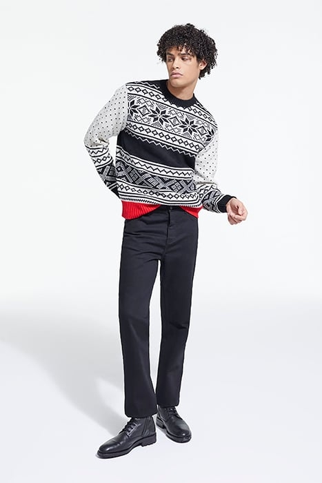 PULL COL ROND JACQUARD AVEC RIB CONTRASTE BLACK RED OFF WHIT 3