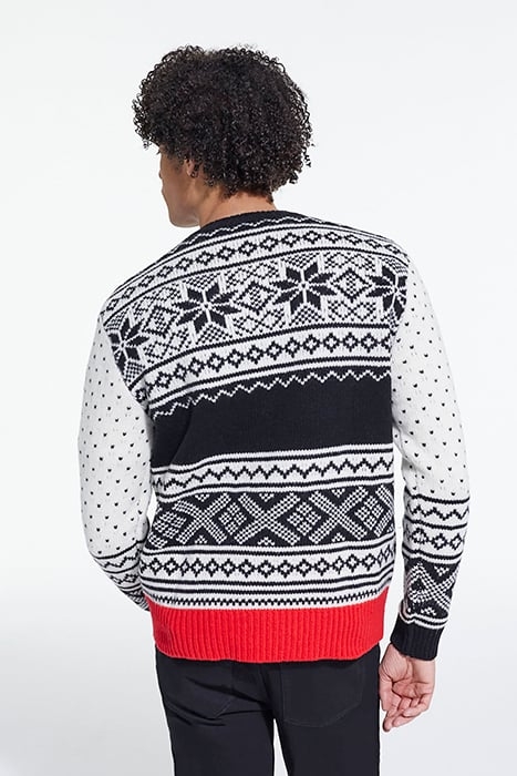 PULL COL ROND JACQUARD AVEC RIB CONTRASTE BLACK RED OFF WHIT 2