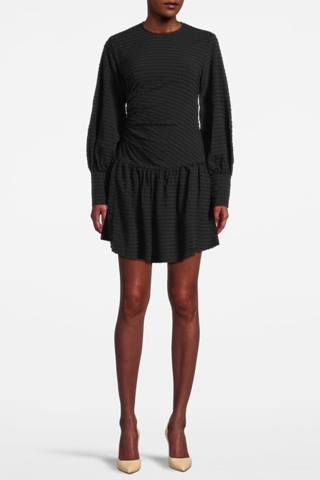 STRETCH SEERSUCKER GATHERED MINI DRESS BLACK 1