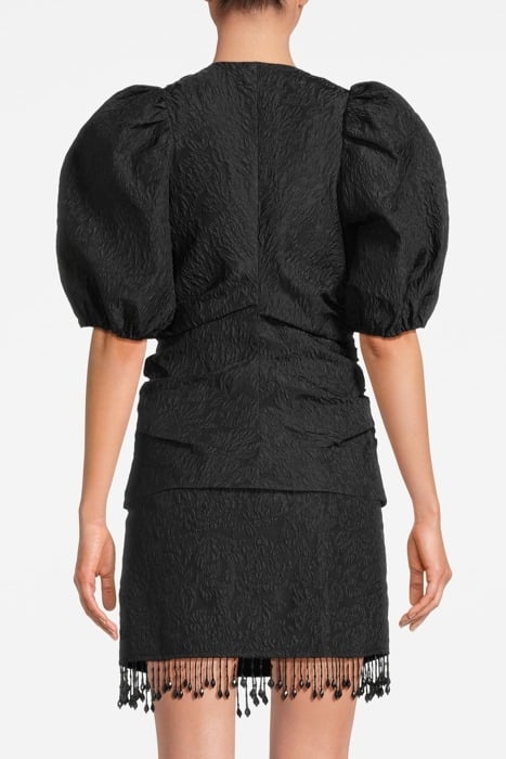 JACQUARD ORGANZA GATHERED V-NECK BLOUSE BLACK 2