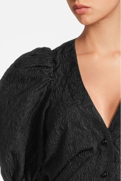 JACQUARD ORGANZA GATHERED V-NECK BLOUSE BLACK 4