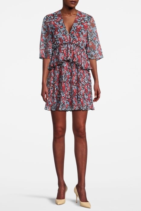 PLEATED GEORGETTE V-NECK FLOUNCE MINI DRESS HIGH RISK RED 1