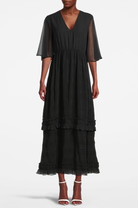 PLEATED GEORGETTE V-NECK MAXI DRESS BLACK 1