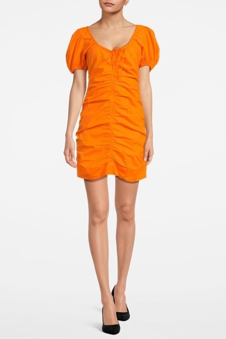 COTTON POPLIN GATHERED U-NECK MINI DRESS VIBRANT ORANGE 1