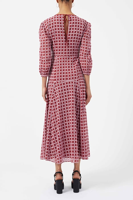 GEOMETRIC EMBR LS MAXI DRESS RED 2