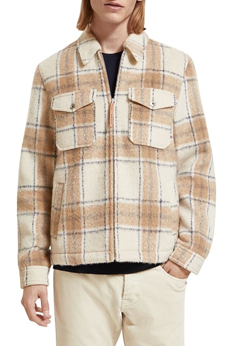WOOL-BLEND ZIP-THRU CHECK OVERSHIRT OFFWHITE CAMEL CHECK 1