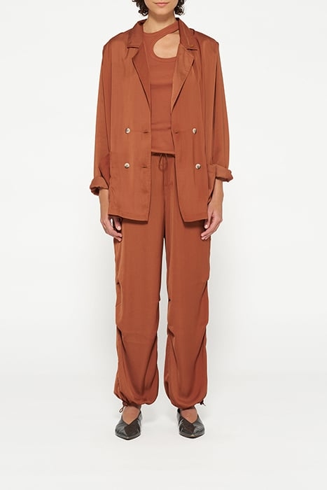 DOUBLE BREASTED SATIN BLAZER SADDLE BROWN 1