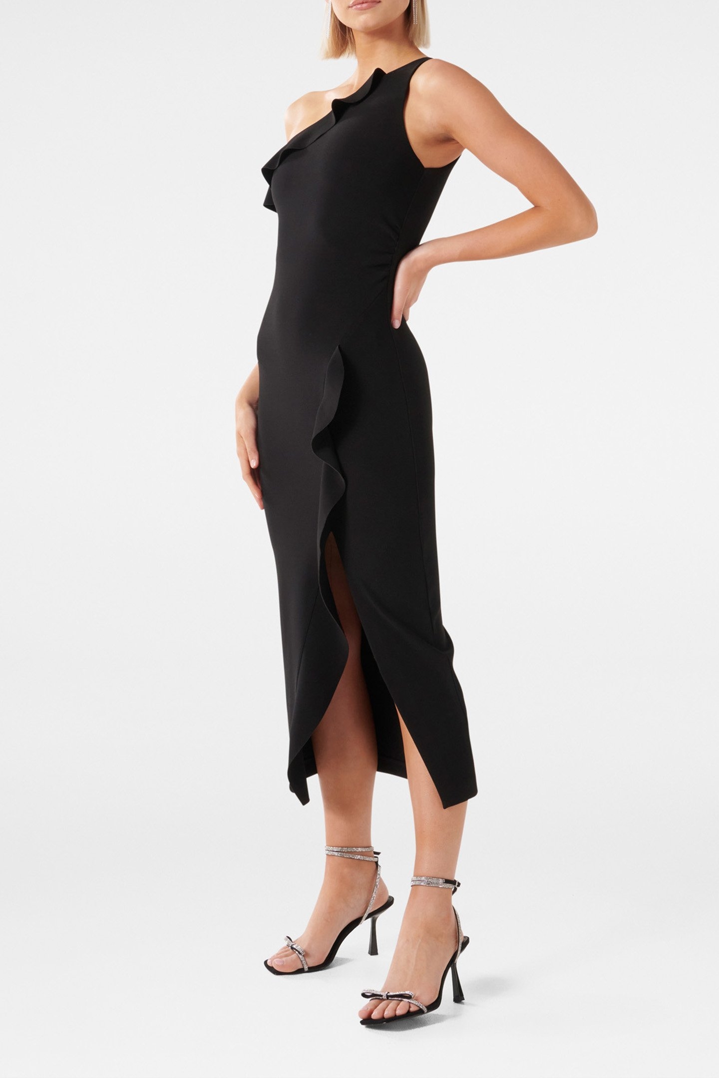 TYRA ONE SHOULDER RUFFLE BODYCON DRESS BLACK 4