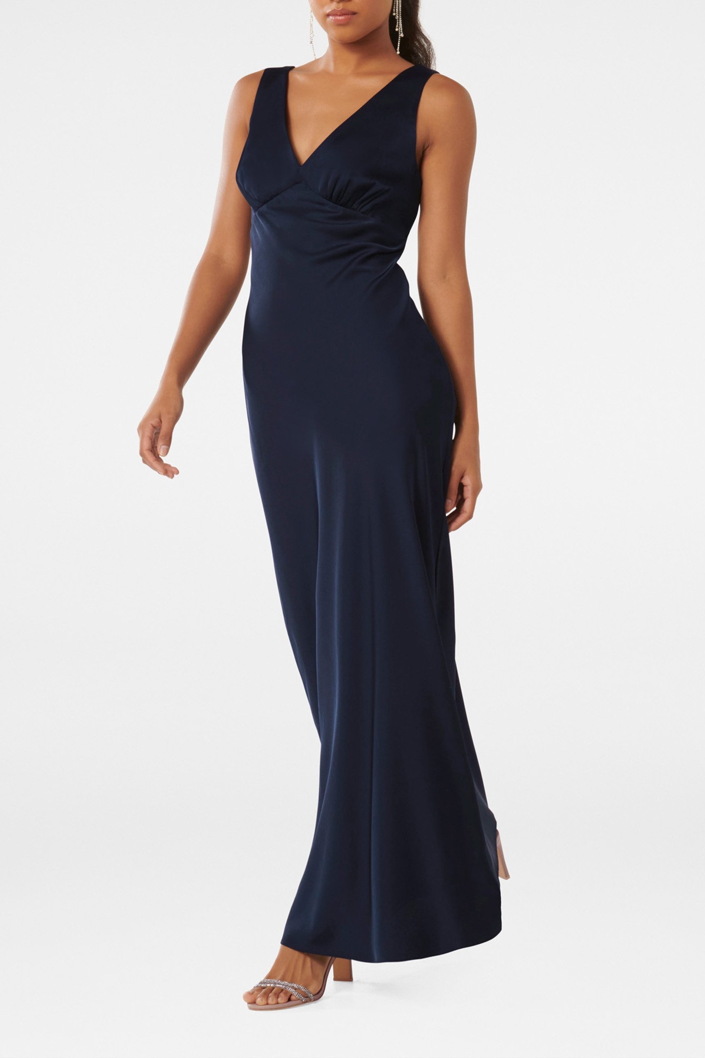 CAMERON PETITE V NECK SATIN MAXI DRESS NAVY 4