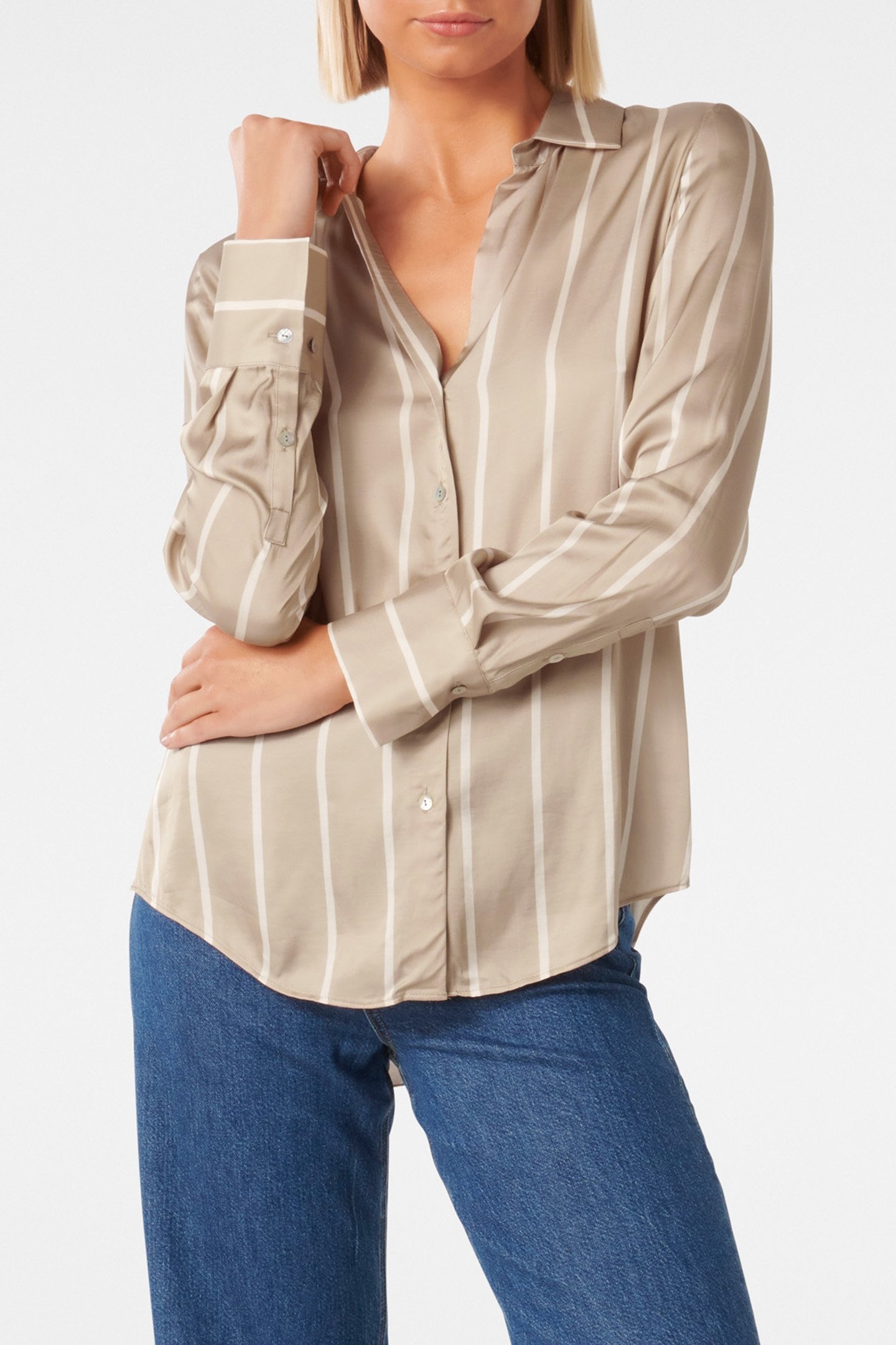 HARVEY NOTCHED NECK SATIN SHIRT TAN ARBORY STRIPE 1