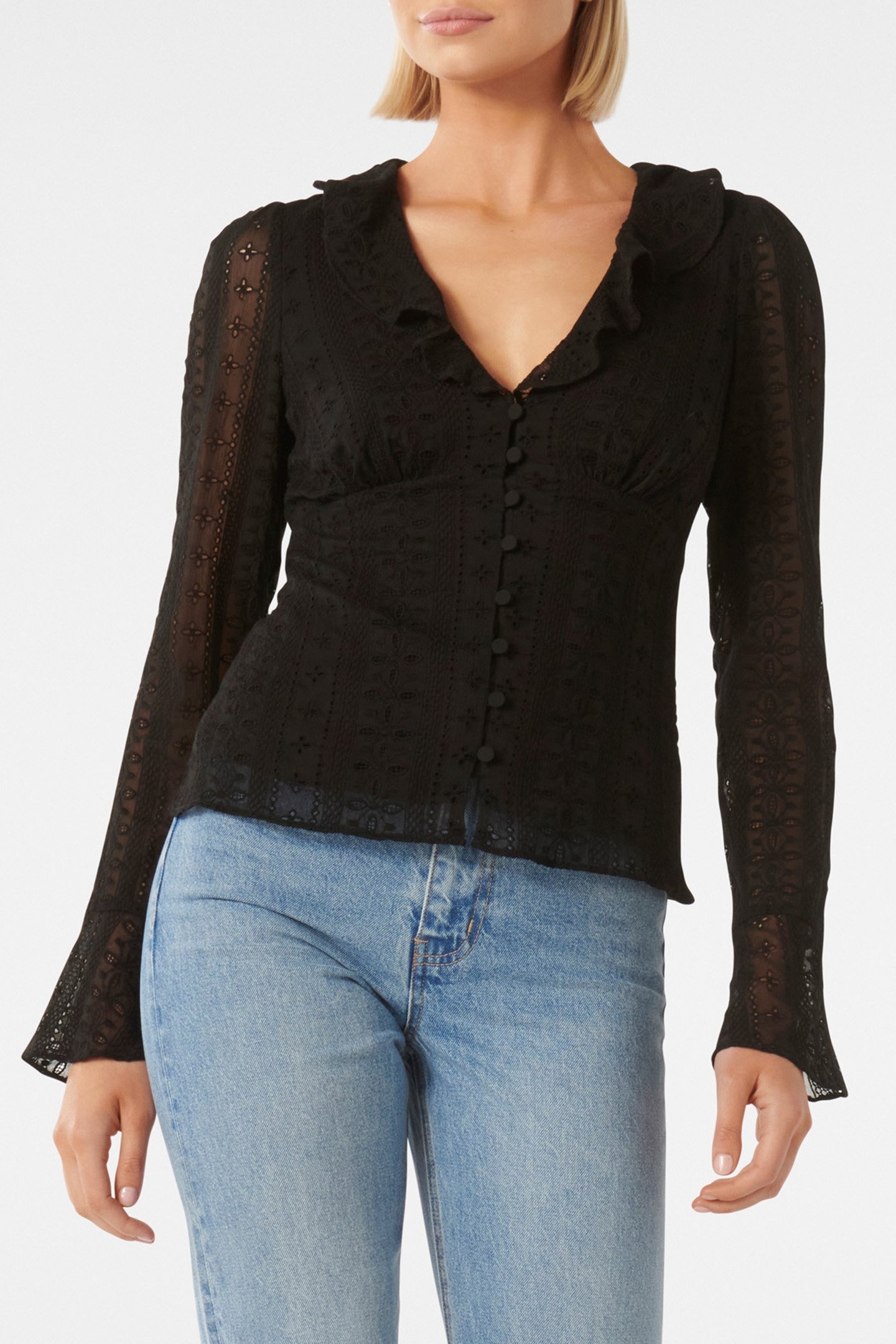 DEMI EMBROIDERED FRILL TOP BLACK 1