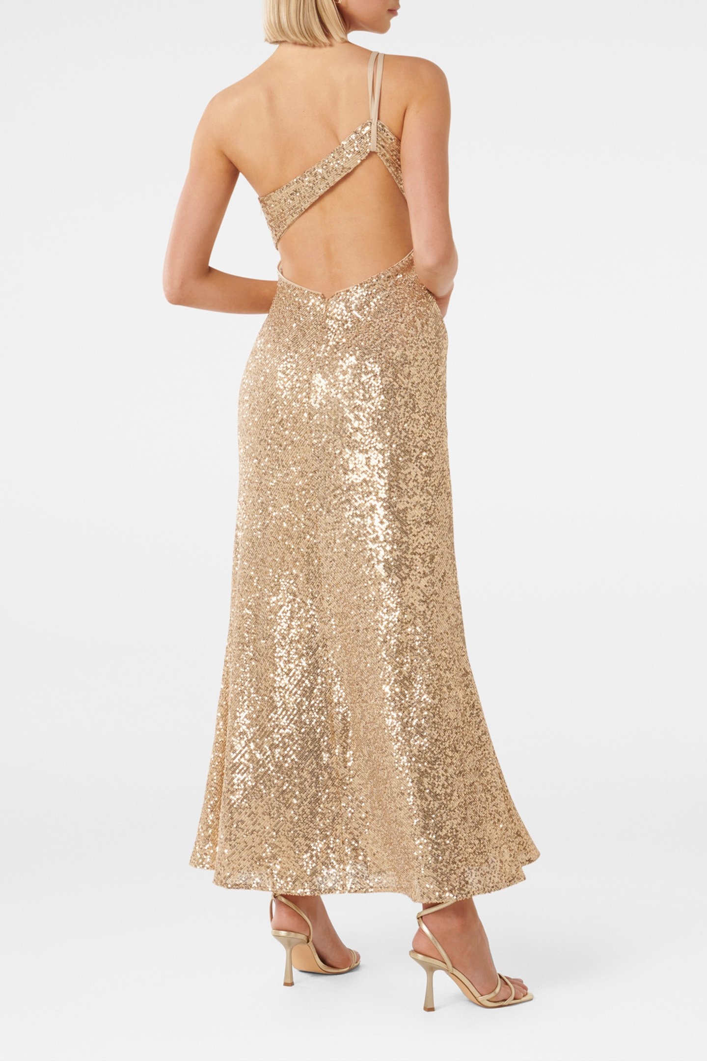 CAROLYN SEQUIN ASYMMETRICAL GOWN SOFT GOLD 2