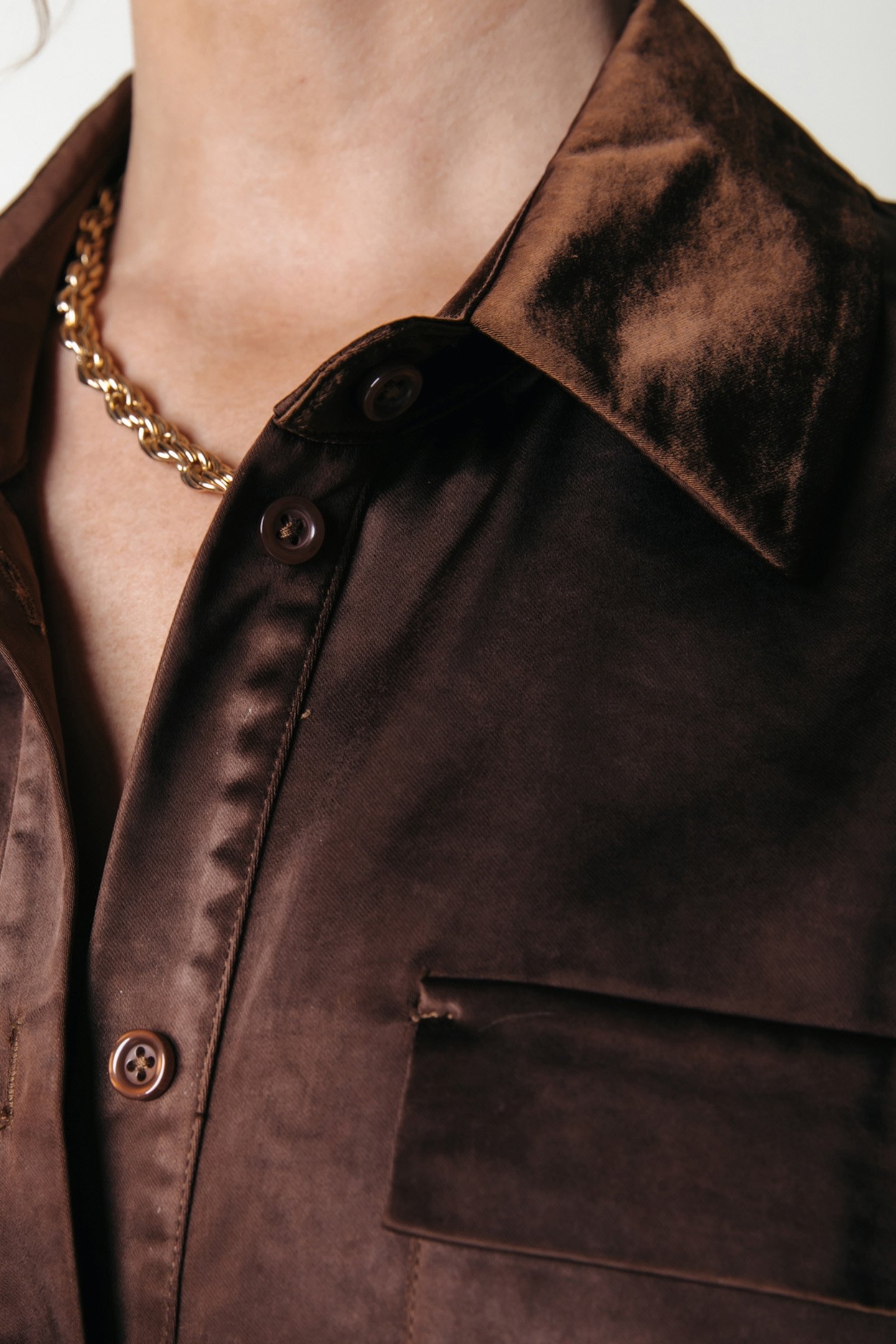 OLETTA SATIN BUTTON DOWN BLOUSE DARK BROWN 3