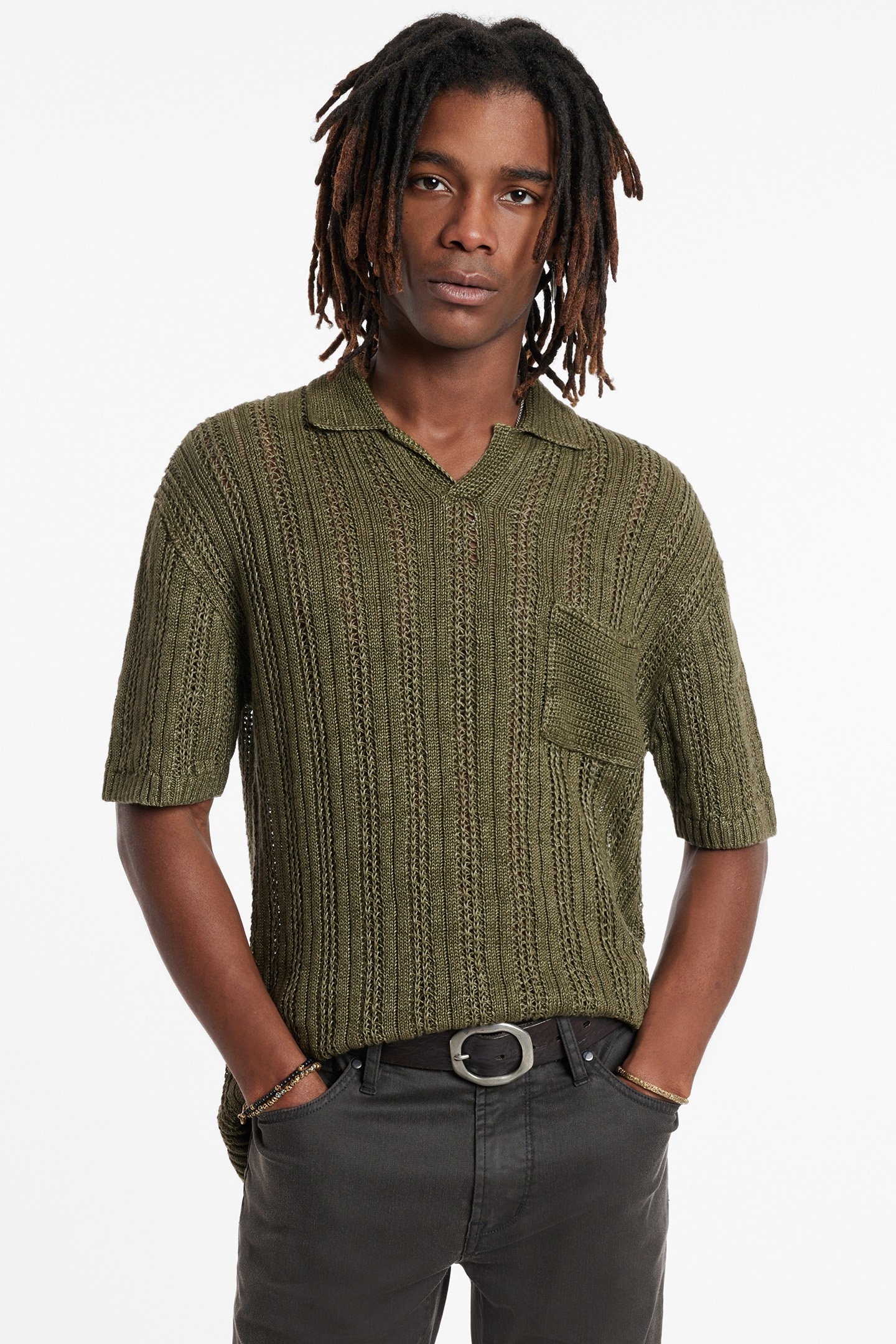 ODIN LS TEXTURE LINEN SWEATER DARK MOSS 1