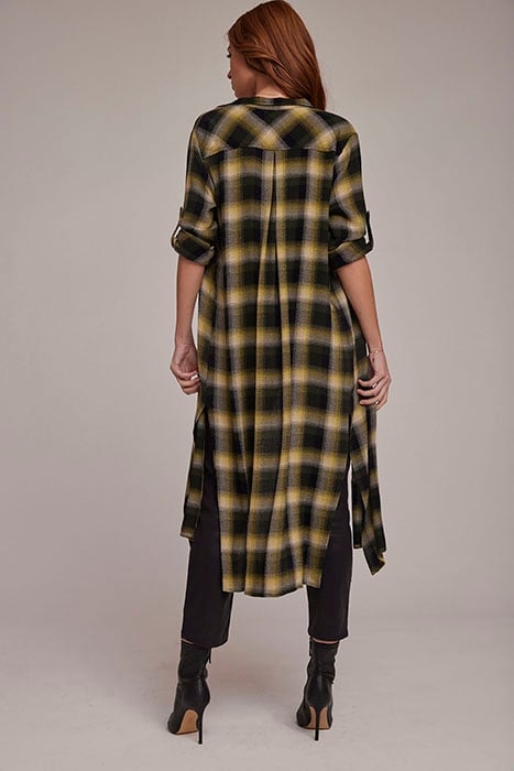 ROLLED SLEEVE DUSTER DRESS GREEN & BLACK PLAID 2