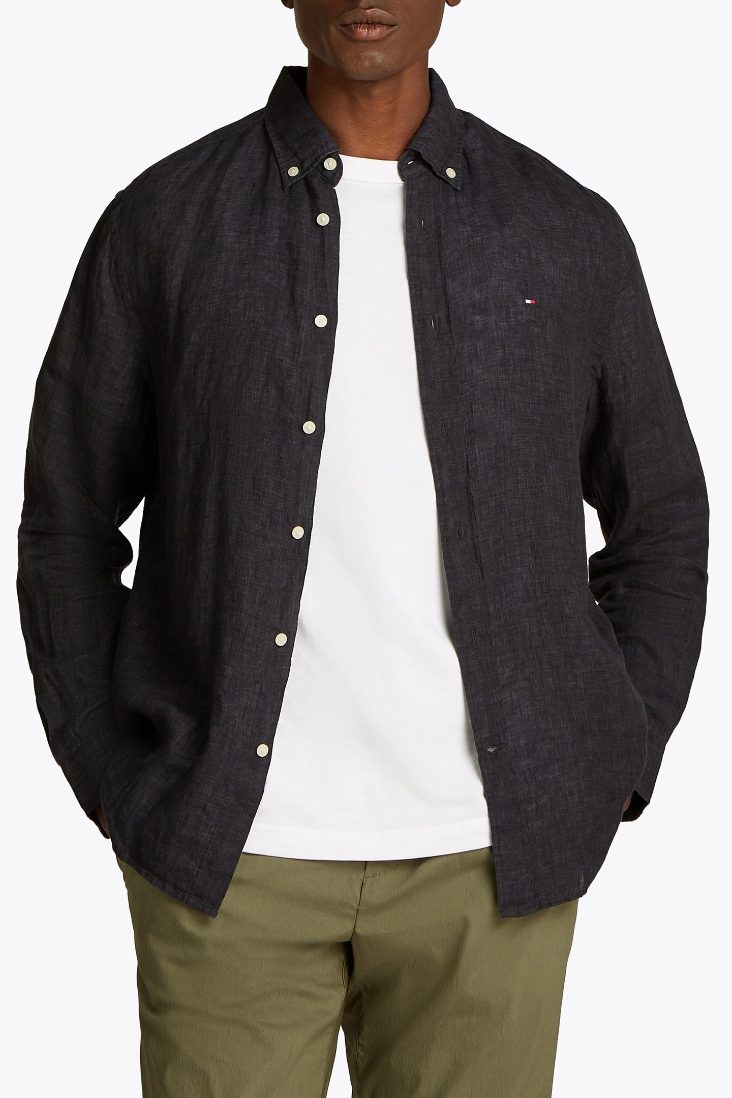 PIGMENT DYED LINEN SOLID CASUAL FIT LONG SLEEVE SHIRT BLACK 1