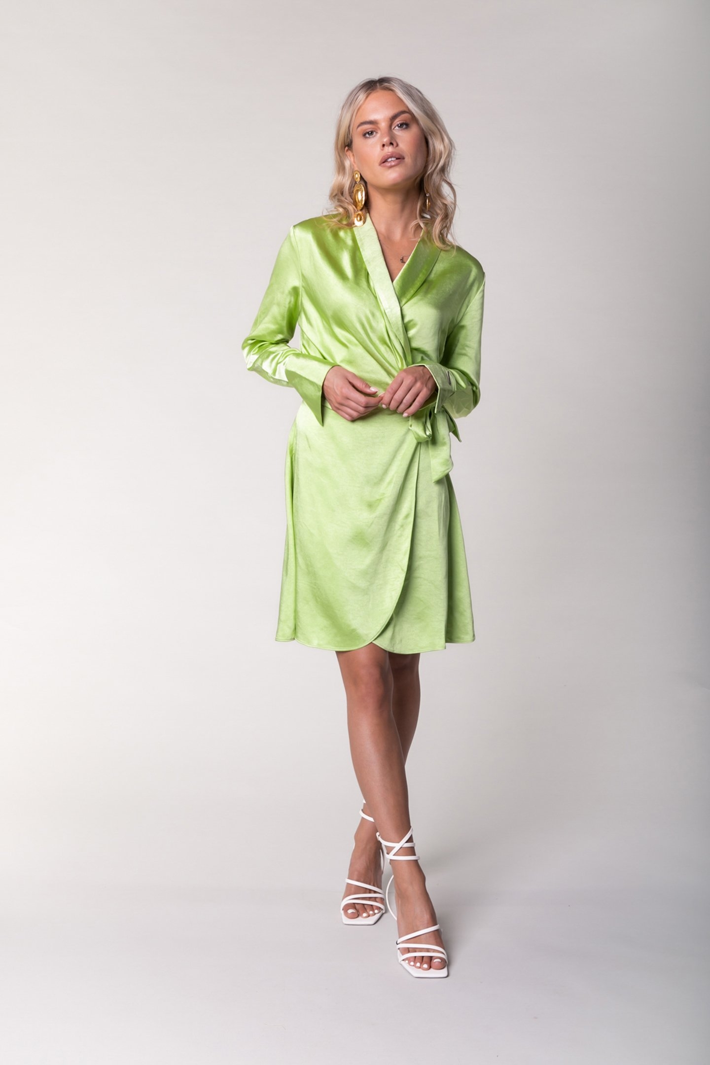 DORIN UNI SATIN WRAP MINI DRESS DARK LIME GREEN 1