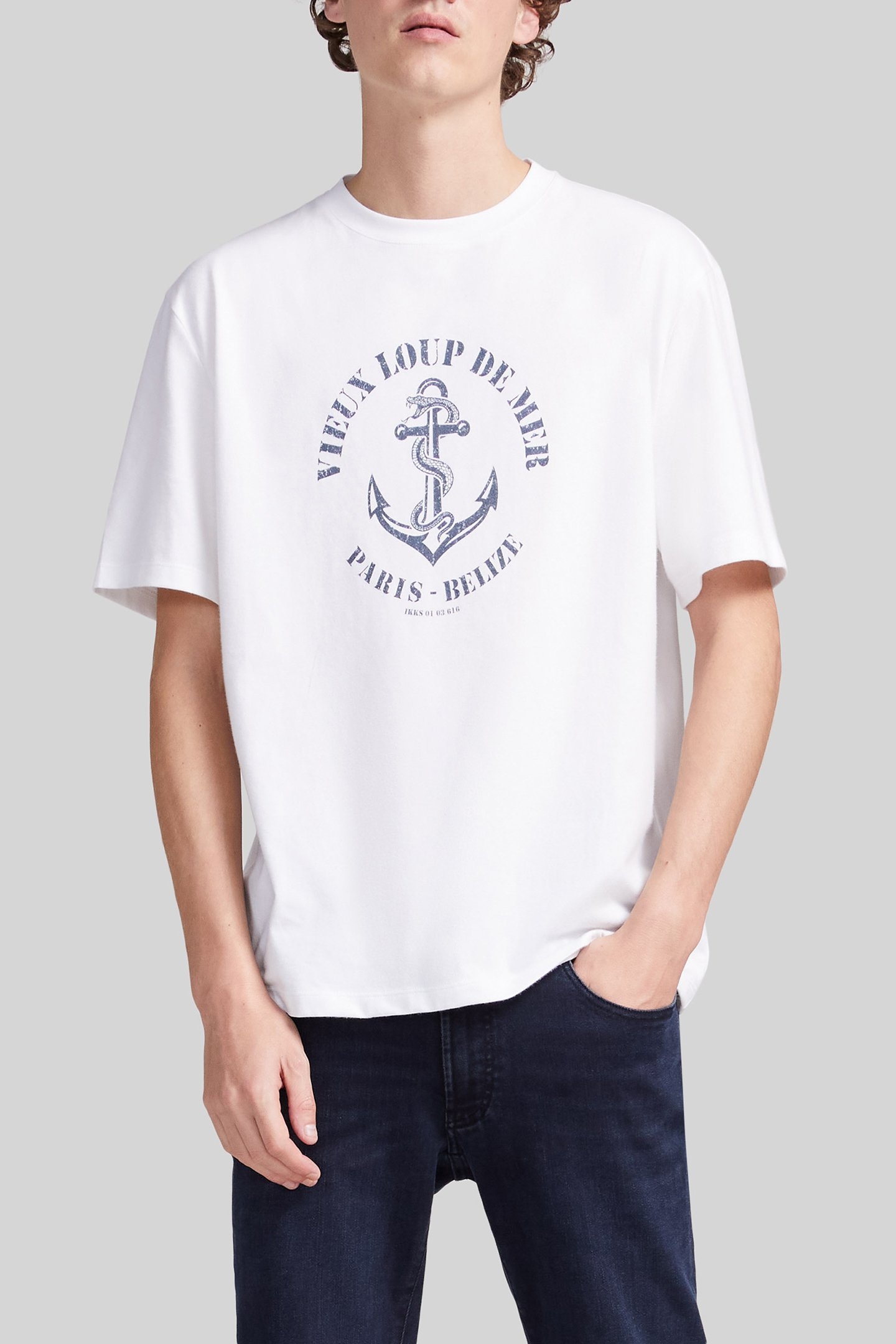 WHITE ORGANIC COTTON T-SHIRT, ANCHOR AND SNAKE IMAGE 1