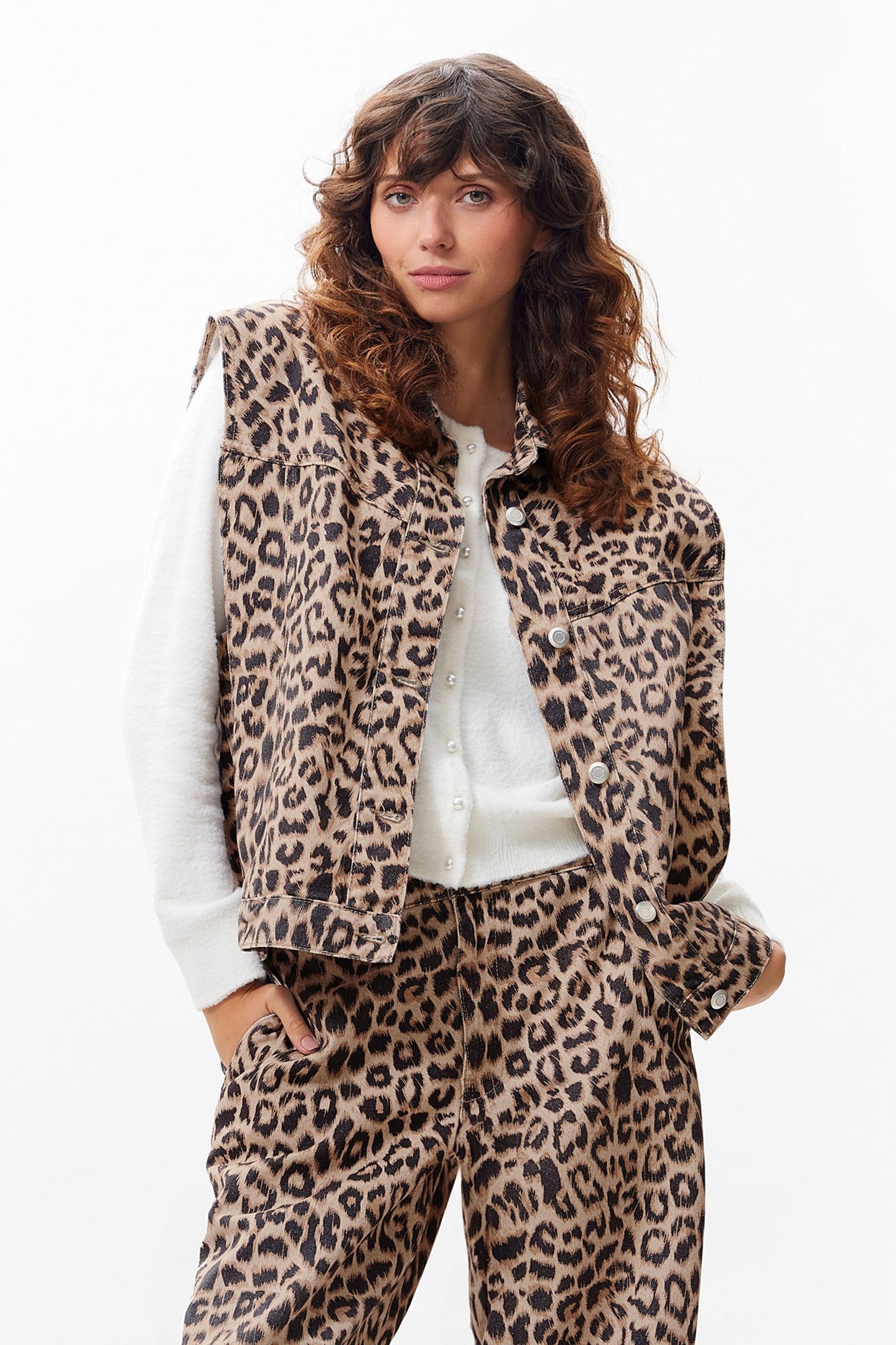 SLEEVELESS LEOPARD DENIM JACKET SESAME 1