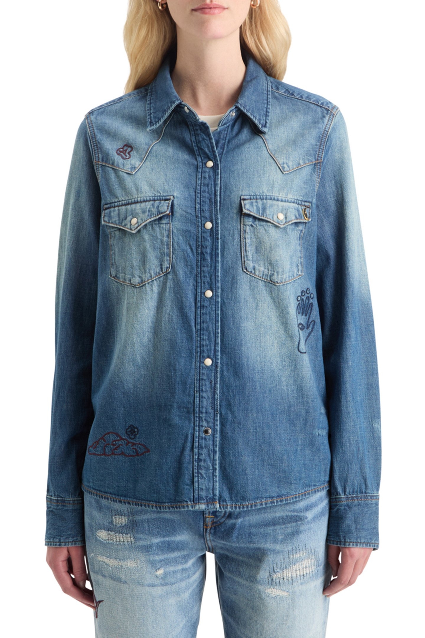 WASHED REGULAR FIT DENIM WESTERN SHIRT WITH EMBROIDERIES WAS 1